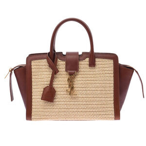 SAINT LAURENT Downtown Cabas Handbag Natural Brown Polyamide Calf Leather